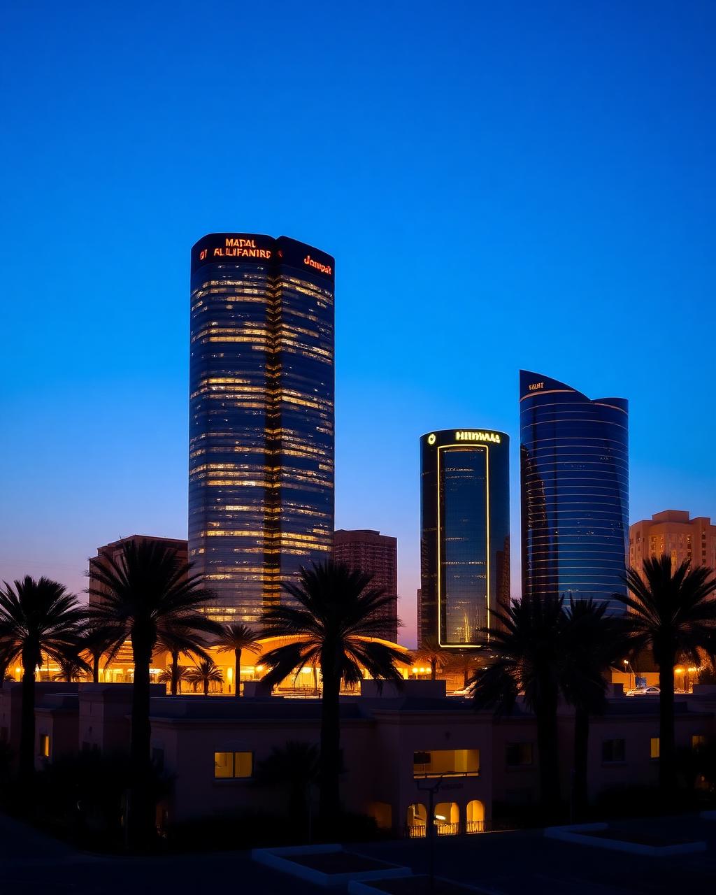 Muscat business district at dusk with glowing towers against a deep blue sky